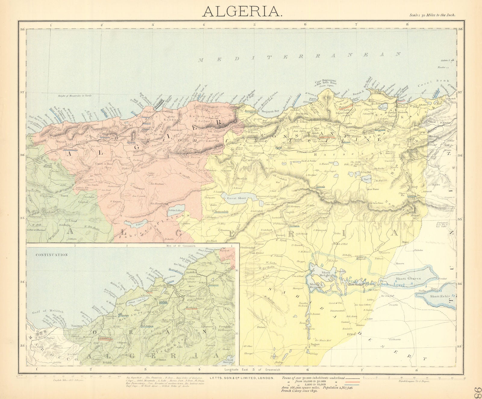 ALGERIA. North Africa. Algier Algiers Oran Constantine. LETTS 1892 old map